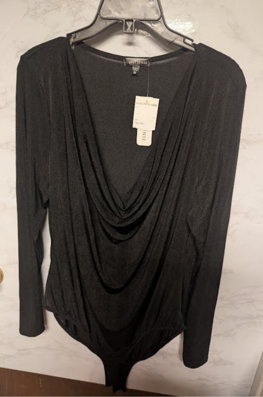 NEW Curvy Sense size 3X black shimmering drape neck bodysuit Long Sleeve Snap